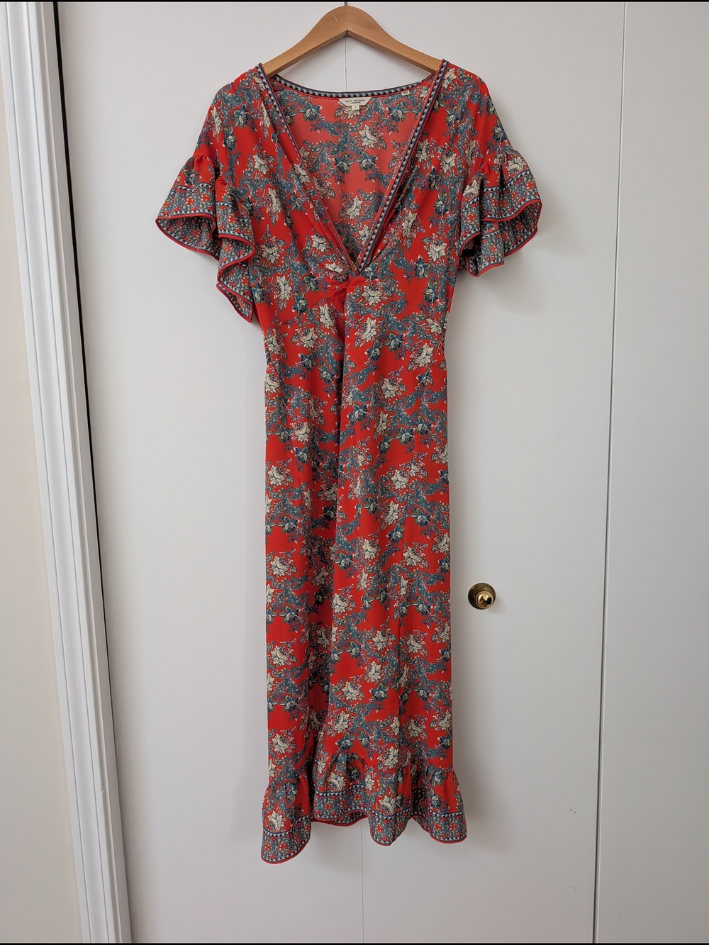 Max Studio Red Floral Maxi Dress with Ruffled Sleeves